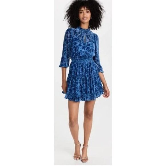 Shoshanna Blue Burnout Velvet Long Sleeve Mini Dress Sz 10 NWT - Picture 2 of 7